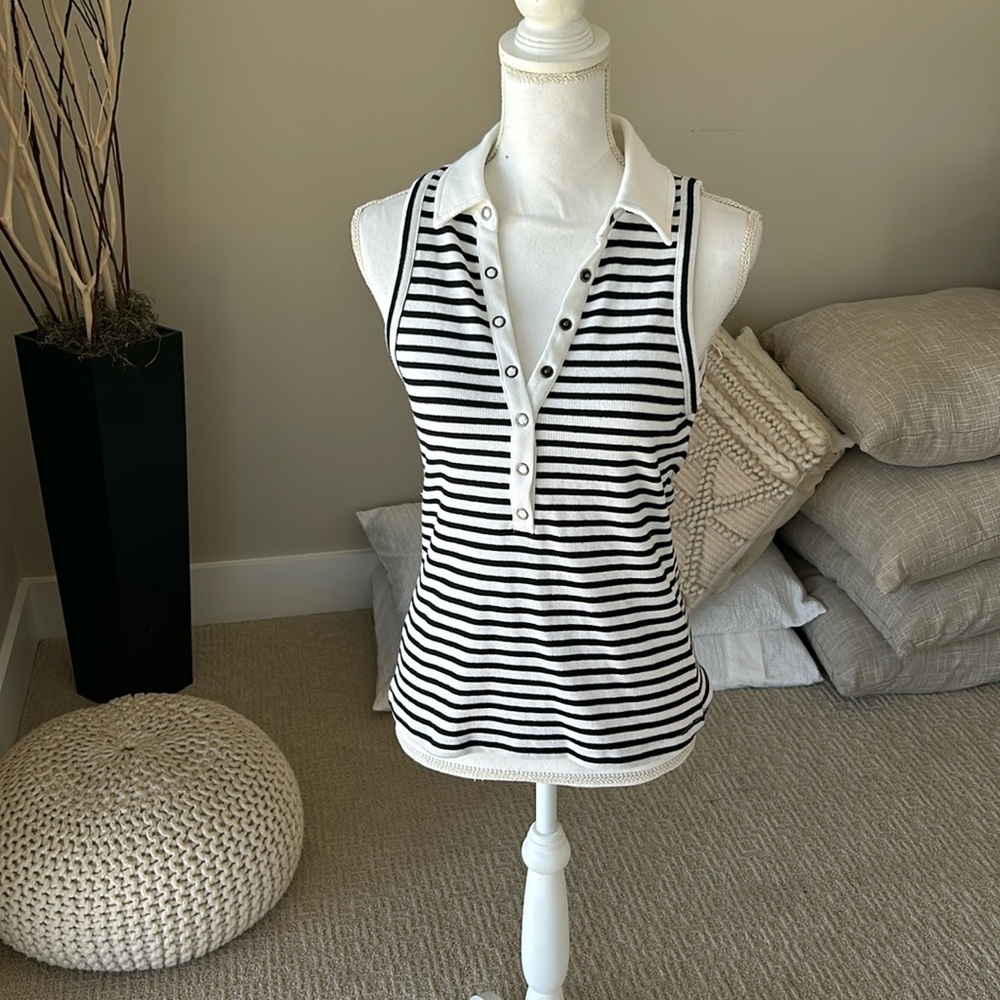 Evereve Black & White Striped Sleeveless Polo Tank